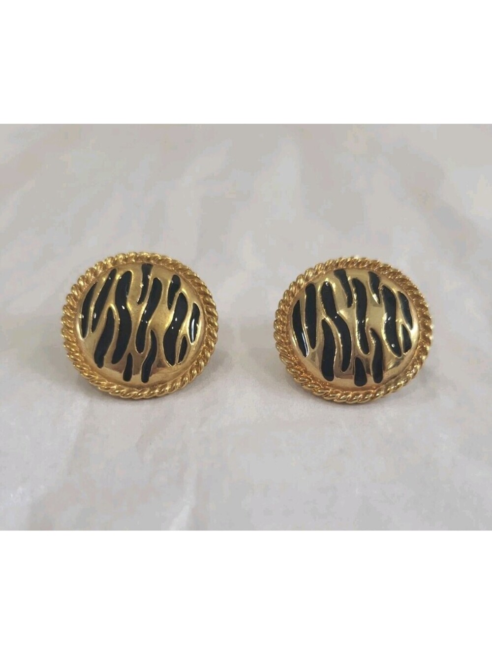 Vintage Gold-tone Statement Earrings Black Animal Print Enamel Design